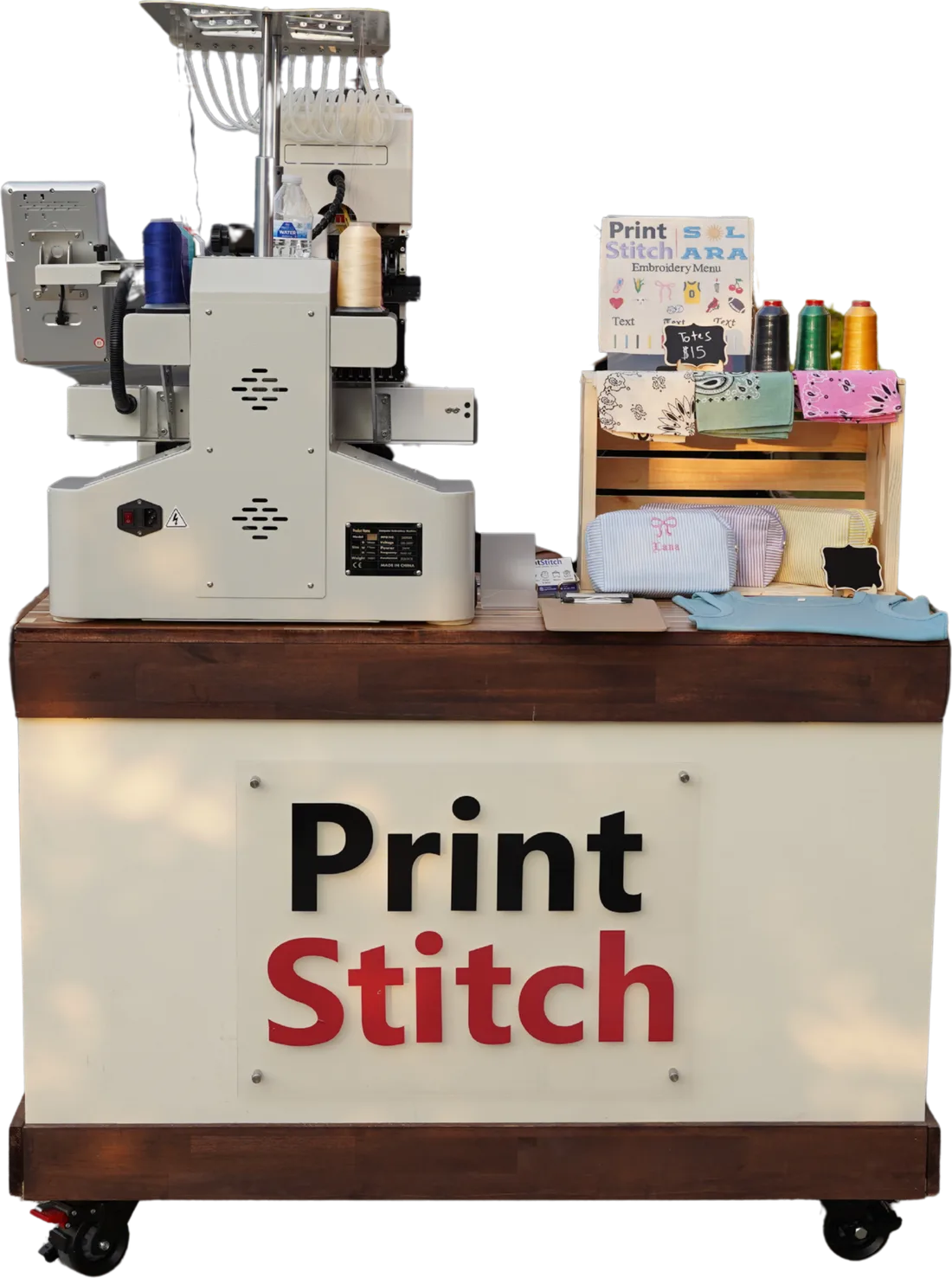 The PrintStitch live embroidery cart we bring to events in Bloomington, Indiana